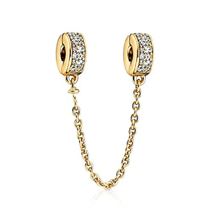 14K Gold Plated Silver Charms for Pandora, Women Heart Family Love Pet Animal Bead Dangle for Bracelets Necklace Jewelry Gift - color: B-Golden Safety Chain