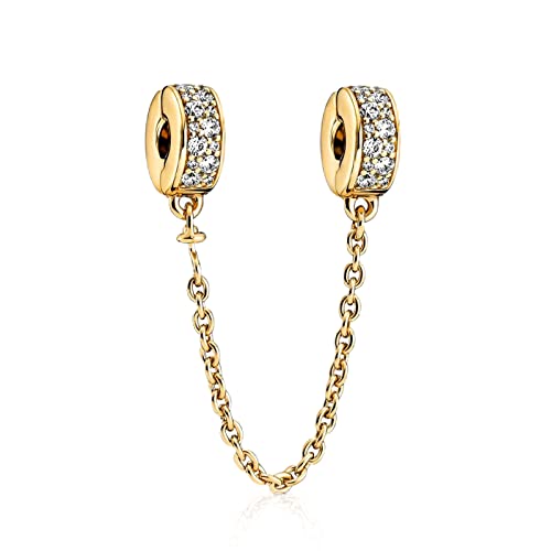 14K Gold Plated Silver Charms for Pandora, Women Heart Family Love Pet Animal Bead Dangle for Bracelets Necklace Jewelry Gift - color: B-Golden Safety Chain