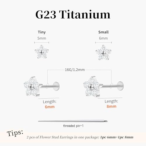 Flat Back Stud Cartilage Earrings Tragus Helix Piercing Jewelry Titanium | Conch Nose Piercing,Small Tiny Studs for Women,Threadless/Internally Threaded,Surgical Steel,Hypoallergenic,16G/18G/20G - color: Silver04-Flower (6mm*1+8mm*1), size: Internally Thr