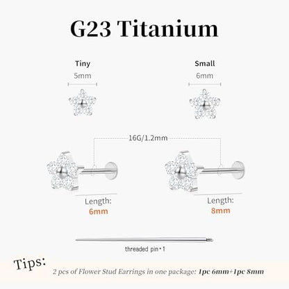 Flat Back Stud Cartilage Earrings Tragus Helix Piercing Jewelry Titanium | Conch Nose Piercing,Small Tiny Studs for Women,Threadless/Internally Threaded,Surgical Steel,Hypoallergenic,16G/18G/20G - color: Silver04-Flower (6mm*1+8mm*1), size: Internally Thr