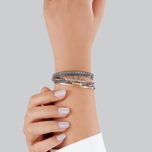 Boho Gemstone Beaded Leather Wrap Bracelets Stackable Chunky Cuff Bracelet Western Jewelry Cowboy Chic Country Concert Outfits for Women - color: Grey