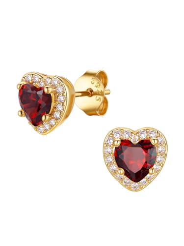 FindChic Birthstone Earrings for Women, Round/Heart/Square/Teardrop Earrings with 925 Sterling Silver Posts & Push Backs, Hypoallergenic Studs with Cubic Zirconia, 12 Months Jewelry with Gift Box - style: 01. January-Garnet (Heart-Gold)