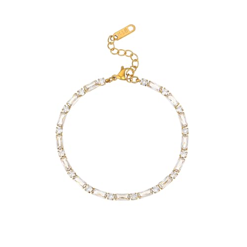 18K Gold Plated Multi-Color Classic Tennis Bracelet for Women Dainty Color 3mm Rainbow Cubic Zirconia Bracelet Adjustable CZ Gold Bracelets Trendy Summer Jewelry Gift - style: White-Gold