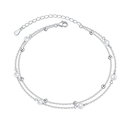 Anklet for Women 925 Sterling Silver Foot Adjustable Ankle Bracelet Jewelry - style: Layered Pearl Bead