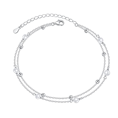 Anklet for Women 925 Sterling Silver Foot Adjustable Ankle Bracelet Jewelry - style: Layered Pearl Bead