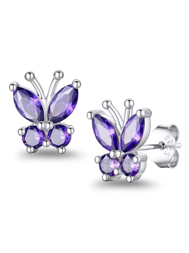 Suplight Butterfly Stud Earrings 925 Sterling Silver 14K Gold Brithstone Earrings for Women Brithstone Jewelry Gifts - color: 02.February ( Amethyst), size: Silver