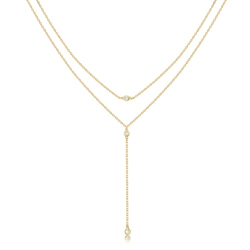 14K Gold Plated Layered Lariat Necklace for Women - Waterproof Non-Tarnish Dainty Gold Chain Necklace, Long Boho Statement Jewelry for Wedding, Prom, Summer Vacation Gifts - color: Layered CZ Y Necklace-Gold