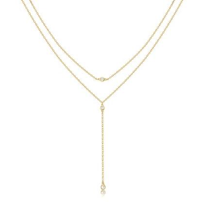 14K Gold Plated Layered Lariat Necklace for Women - Waterproof Non-Tarnish Dainty Gold Chain Necklace, Long Boho Statement Jewelry for Wedding, Prom, Summer Vacation Gifts - color: Layered CZ Y Necklace-Gold