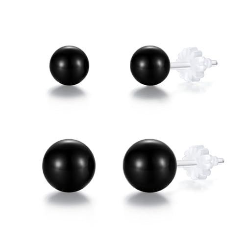 6mm & 8mm Faux Pearl Stud Earrings for Women Sensitive Ears – Hypoallergenic Plastic Earrings for Surgery, Lightweight Metal-Free Resin Earrings, Comfort Daily Wedding Birthday Gift - color: Classic Black
