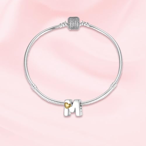 A~Z Alphabet Charm Letter Beads 925 Sterling Silver with Heart-shaped 5A Cubic Zircon Stones fits Pandora European Bracelets Necklace Jewelry Gift for Women - style: M Letter Charms