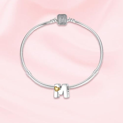 A~Z Alphabet Charm Letter Beads 925 Sterling Silver with Heart-shaped 5A Cubic Zircon Stones fits Pandora European Bracelets Necklace Jewelry Gift for Women - style: M Letter Charms