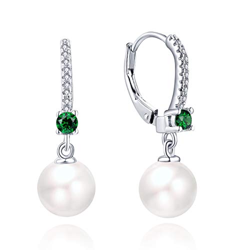 JO WISDOM 925 Sterling Silver Freshwater Pearl Hoop Earrings with Dangle Real Pearl,Simulated Pearls - color: B-8mm white pearl,green emerald