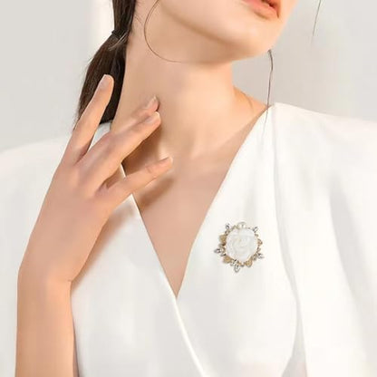 Elegant Rose Flower Brooch Pin for Women Men Wedding Party Gentleman's Essentials Handmade Imitation Crystal Pearl Fabric Flower Lapel Pin Dress Suit Accessories Boutonniere Ideas Gift - color: White
