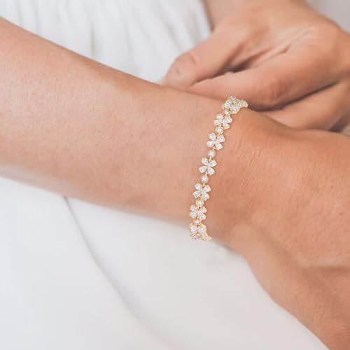 Crysdue Marquise Teardrop Cubic Zirconia Wedding Bridal & Prom Tennis Bracelets for Brides Bridesmaids, Silver/Gold/Rose Gold Plated Bracelet Gifts for Women - style: D_Gold 7.3"