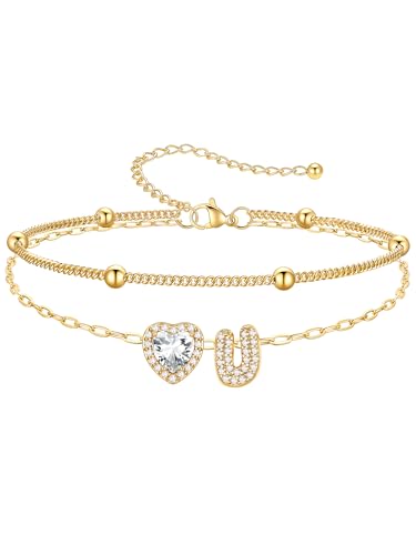 PROSTEEL Initial Ankle Bracelets for Women Waterproof, A-Z Gold/Silver Layered Anklets Adjustable, Summer Beach Gift Jewelry - color: Gold, size: U