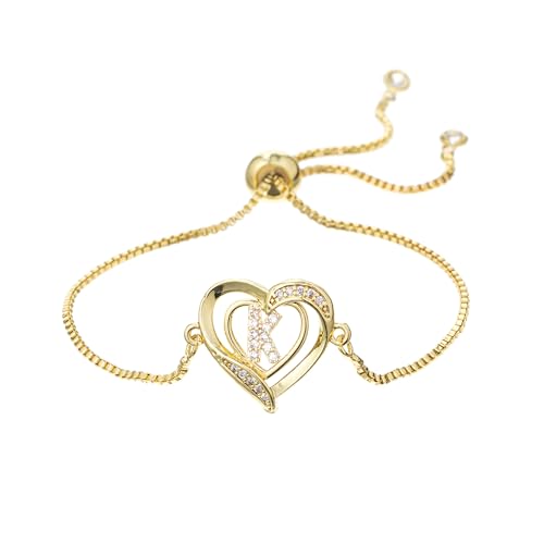 14K White Gold Plated Initial Heart Bracelet for Women Zircon Inlay Heart Initial Charm Bracelets Adjustable Minimalist Jewelry - color: K-gold