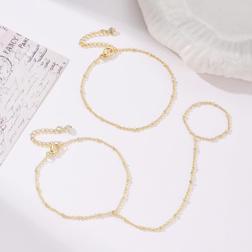 Bracelets for Women, Dainty Gold Silver Ring Bracelet Hand Chain | Cubic Zirconia Pearl Charms, 14K Gold Plated, Adjustable Fit, Trendy Stackable Link Chain, Waterproof Jewelry, Gift for Her - color: Gold-dot hand chain bracelet-2 pieces