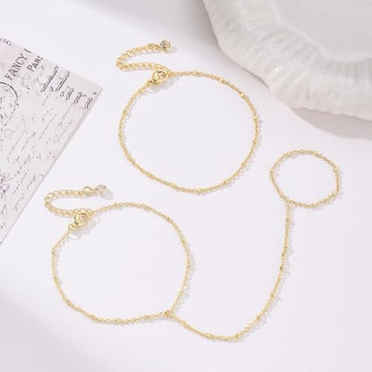 Bracelets for Women, Dainty Gold Silver Ring Bracelet Hand Chain | Cubic Zirconia Pearl Charms, 14K Gold Plated, Adjustable Fit, Trendy Stackable Link Chain, Waterproof Jewelry, Gift for Her - color: Gold-dot hand chain bracelet-2 pieces