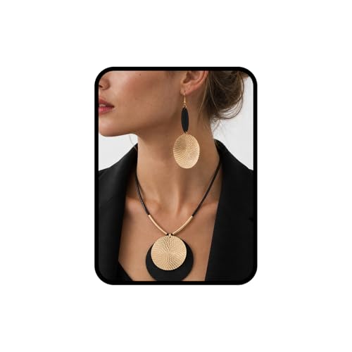 Statement Necklace and Earrings Set – 2PCS Gold Silver Chunky Geometric Pendant Jewelry with Snake Chain, Asymmetrical Ellipse Y-Necklace Metallic Fashion Jewelry for Women - color: D:Geometric Black Gold Set