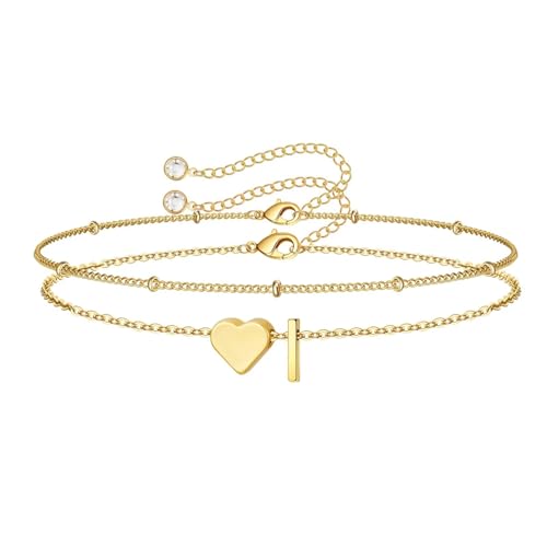 M MOOHAM Initial Bracelets for Teen Girls - 14K-Gold-Plated Heart Initial A-Z Bracelets for Women Girl Jewelry Gifts Trendy, Dainty Gold Bracelet Letter Bracelet Birthday Gifts for Women Girls Her - color: Gold-Plated, style: I
