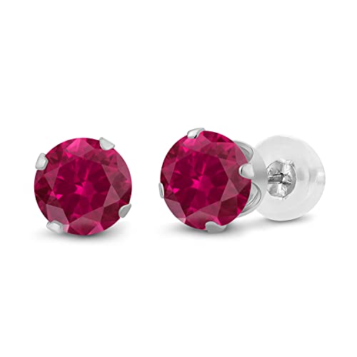 Gem Stone King 14K Gold Gemstone Birthstone Stud Earrings For Women Men | 4MM Round Cut | Solitaire Gold Studs with Secure Backs | Fine Jewelry for Her Him Mom Dad Wife - color: Created Ruby-July