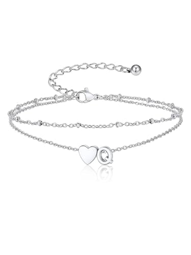 Suplight Initial Ankle Bracelets for Women 14K Gold Plate Waterproof No Tarnish Anklets Layered Heart Letter Anklet Adjustable Plus Size Foot Chain Summer Beach Boho Jewelry Silver Black 8.5-10 Inch - color: Silver, style: 17.Q