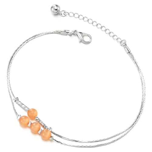 Women's Silver Double Strand Anklet with Peach Bead Accent Jewelry | Two Slim Strands with Soft Peach Beads, Lobster Clasp and Extender, Delicate Layered Ankle Style for Everyday Wear