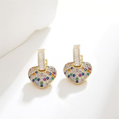 Crystal Heart Hoop Earrings for Women Dainty Fashion Heart Huggie Earrings Colourful Sparkly Crystal 14k Gold Love Heart Dangle Drop Earrings Valentine’s Day Statement Jewelry Gifts - color: Colorful