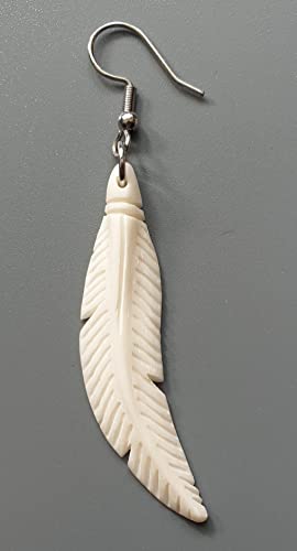 Hand Carved Bone Feather Dangle Drop Boho Tribal Earrings FA026 | Handcrafted 2.4" Feather Authentic Ox Bone Earrings, Handmade Lightweight Bohemian Tribal Fashion Jewelry Gift for Women