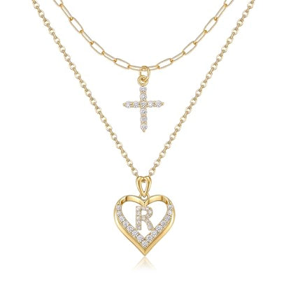 14K Gold Plated Layering Necklaces,Heart Initial Layered Necklace Cross Pendant Necklace Charm Personalized Stackable Jewelry Gift for Her - style: R