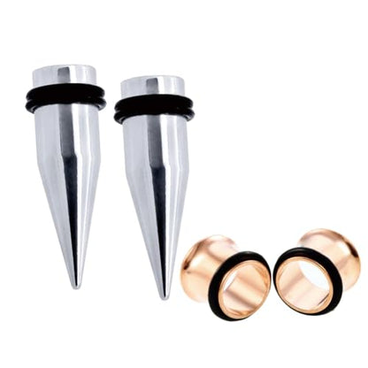 Pair of 7/16" 11mm Stainless Steel Black Tapers and Tunnels Ear Stretching Kit Gauges - color: Silver+Rose Gold