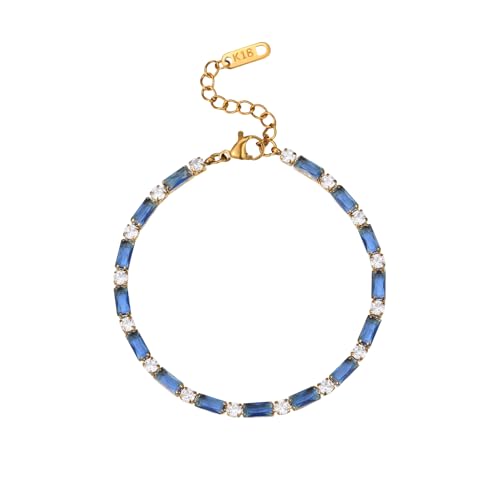 18K Gold Plated Multi-Color Classic Tennis Bracelet for Women Dainty Color 3mm Rainbow Cubic Zirconia Bracelet Adjustable CZ Gold Bracelets Trendy Summer Jewelry Gift - style: Navy Blue-Gold
