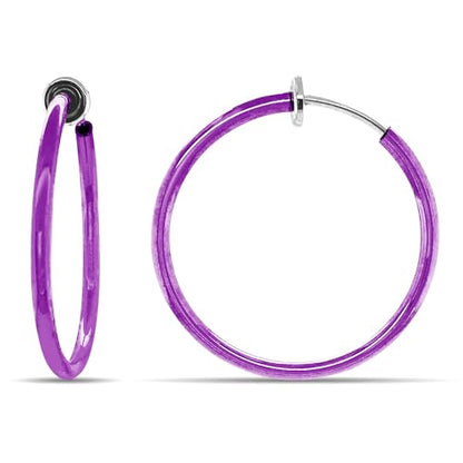 Clip On Spring Hoop Earrings for Non-Pierced Ears - color: Purple, size: 30mm