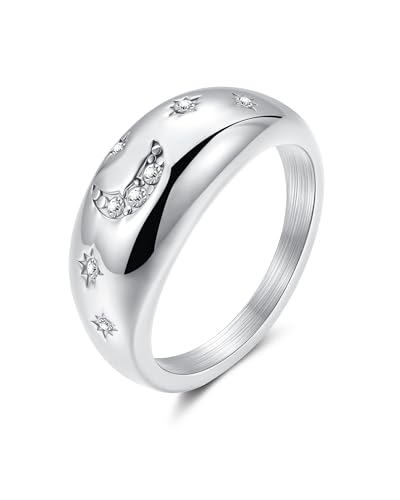 YeGieonr Gold Rings for Women Non Tarnish, 18K Gold Plated Stainless Steel North Star Signet Ring, Waterproof Dainty Pinky Statement Ring, Tarnish Free Gold Jewelry for Women - color: Moon&Star Dome Silver