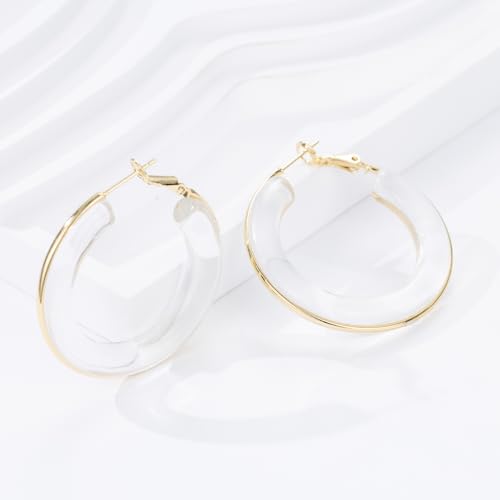 Chunky Gold Resin Hoop Earrings Leverback Statement Huggie Hoops Dangle Drop Dressy Earring Prom Festival Vacation Jewelry for Women - color: Clear, size: Hoop
