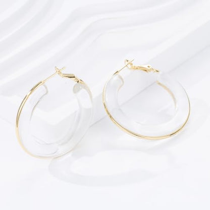 Chunky Gold Resin Hoop Earrings Leverback Statement Huggie Hoops Dangle Drop Dressy Earring Prom Festival Vacation Jewelry for Women - color: Clear, size: Hoop