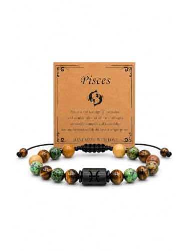 Zodiac Bracelet for Women and Men, Zodiac Sign Natural Stone Beaded Bracelet, Adjustable Horoscope Astrology Bracelet with Zodiac Card, Birthday Gift for Her Him - color: Pisces