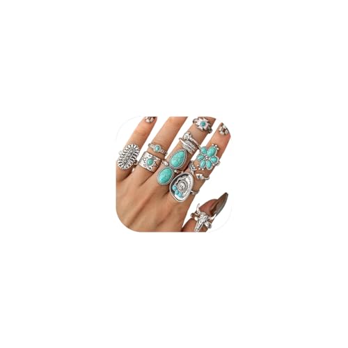 Airvess Vintage Knuckle Rings Set, Chunky Turquoise Stackable Rings, Silver Joint Finger Stacking Rings, Bohemian Western Jewelry for Women - style: 10 Pcs