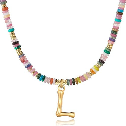 YOUFENG Initial Letter Necklaces for Women Colorful Beaded Gemstone Choker 14K Gold Plated Bamboo Letter Pendant Necklace Natural Stone Handmade Jewelry Gift - color: L