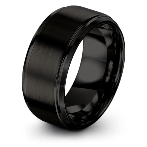 Tungsten Wedding Band Ring Black 10mm Men Women Comfort Fit 18k Rose Gold Step Edge Brushed Polished - color: Black Tungsten