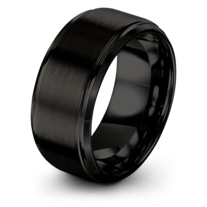 Tungsten Wedding Band Ring Black 10mm Men Women Comfort Fit 18k Rose Gold Step Edge Brushed Polished - color: Black Tungsten