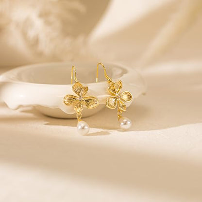 Plenky Pearl Earrings-14K Gold Plated Dainty Pearl Drop Simple Wedding CZ Dangle Dangling Cute Stud Earrings for Brides Earrings for Women Gifts - style: Pearl Flower Earrings