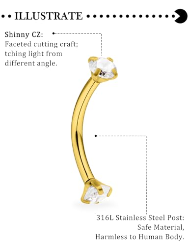 Hoeudjo Rook Piercing Jewelry Surgical Steel Eyebrow Piercing Jewelry 16g Surface Tragus Earrings Curved Barbell Daith Eyebrow Rings for Women Different Length 6/8/10mm - color: gold-tone,length 6/8/10mm