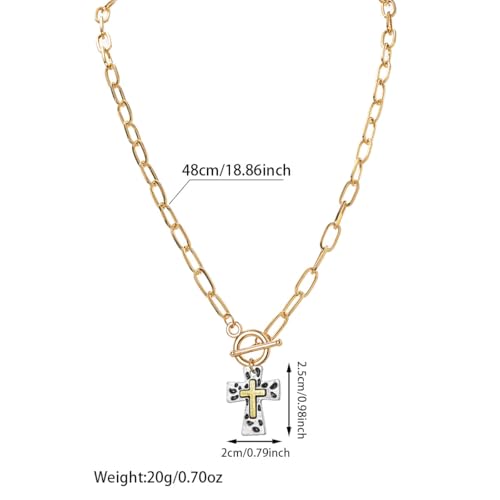 Chunky Cross Necklace for Women,Gold Silver Layered Hammered Cross Pendant Necklace Statement Paperclip Toggle Charm Chain Herringbone Snake Choker Christian Jewelry Outfit Accessories - color: ASilver Gold