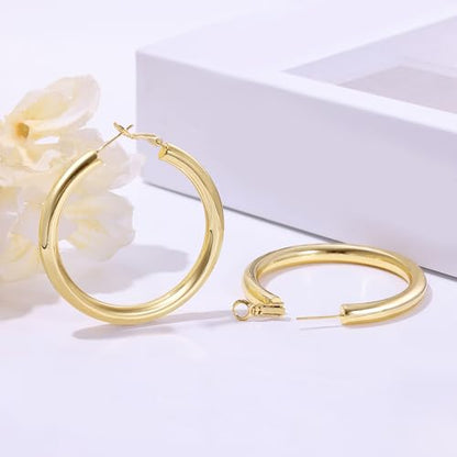 sovesi Chunky Hoop Earrings for Women, 14K Gold Plated Thick Hoops | 5mm Thick Hollow Tube Chunky Lightweight Hypoallergenic Hoop Earrings for Women - style: Gold 50MM