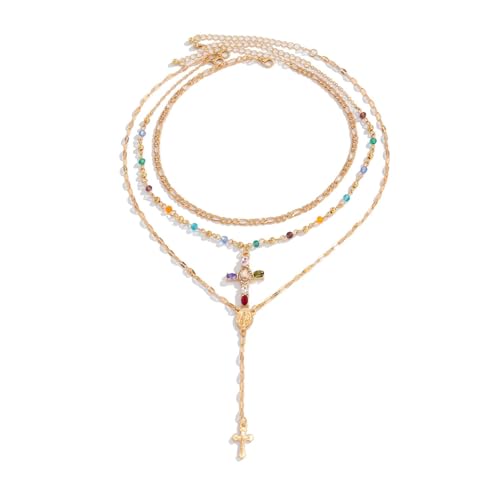 GIGB PBDK Gold Cross Layered Necklaces for Women,Long Colorful Crystal Drop Necklace Unique Big Crucifix Necklace Set,Aesthetic Religious Jewelry Accessories - color: Gold1