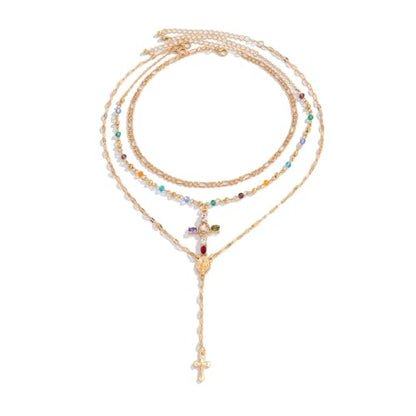 GIGB PBDK Gold Cross Layered Necklaces for Women,Long Colorful Crystal Drop Necklace Unique Big Crucifix Necklace Set,Aesthetic Religious Jewelry Accessories - color: Gold1