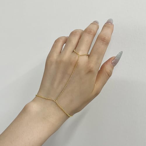 Kakikaki 925 Sterling Silver Finger Ring Bracelet Hand Chain for Women | Slave Bracelets 7" to 9" Adjustable - color: Gold, style: No Diamond
