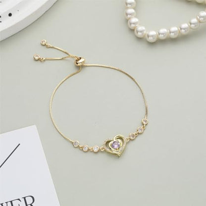 14K White Gold Plated Heart Bracelet for Women, Zircon Inlay Love Heart Charm Chain Bracelet Bangle with Adjustable Length - color: gold-purple