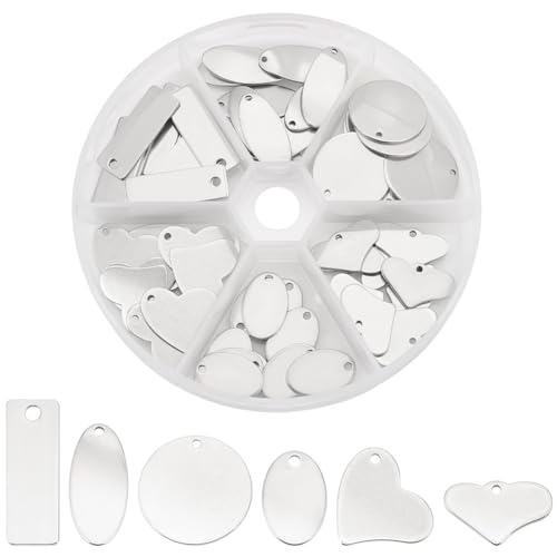 PH PandaHall 304 Stainless Steel Stamping Charms 60pcs 6 Style Blank Tags | Stamping Charm Pendants, Heart Round Metal Tag, Dangle Pendant, For Bracelet Necklace Jewelry, DIY Craft Making - color: Stainless Steel Color-60 Pcs, size: 17.5~23mm Length